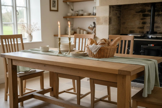 Willow green muslin cotton table runner 250cm styled on farmhouse dining table with brass candlesticks cottage kitchen UK
