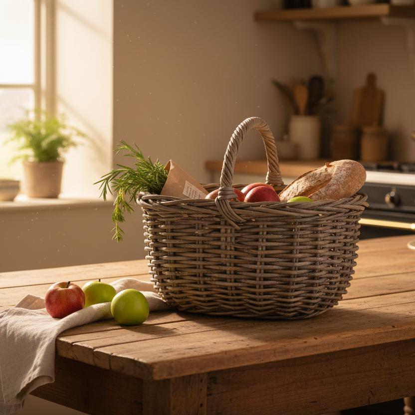 Abberley grey kubu rattan basket farmhouse kitchen table fresh produce UK
