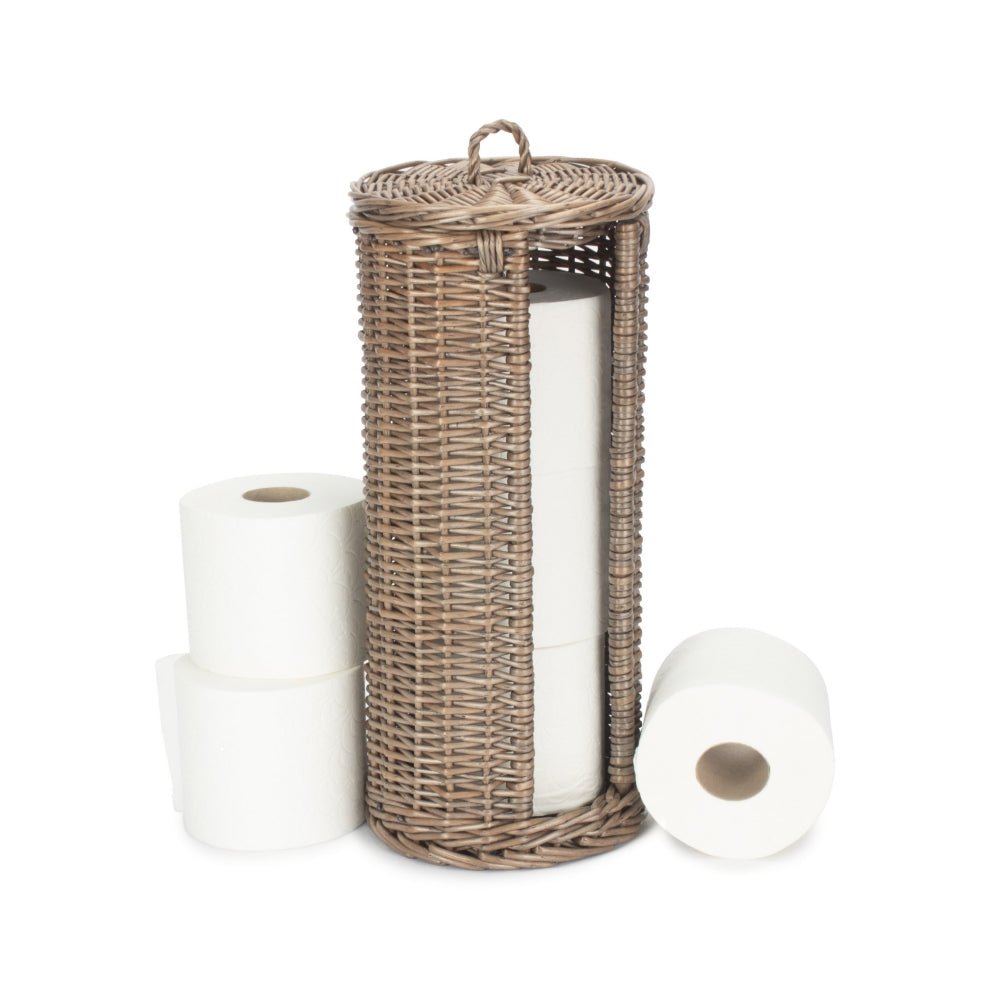 Round wicker toilet roll basket holding three rolls cottage bathroom UK