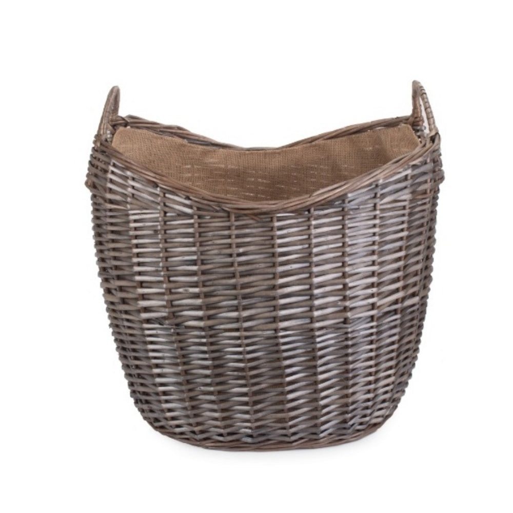 Antique wash curved basket Broadway wicker fireside storage UK
