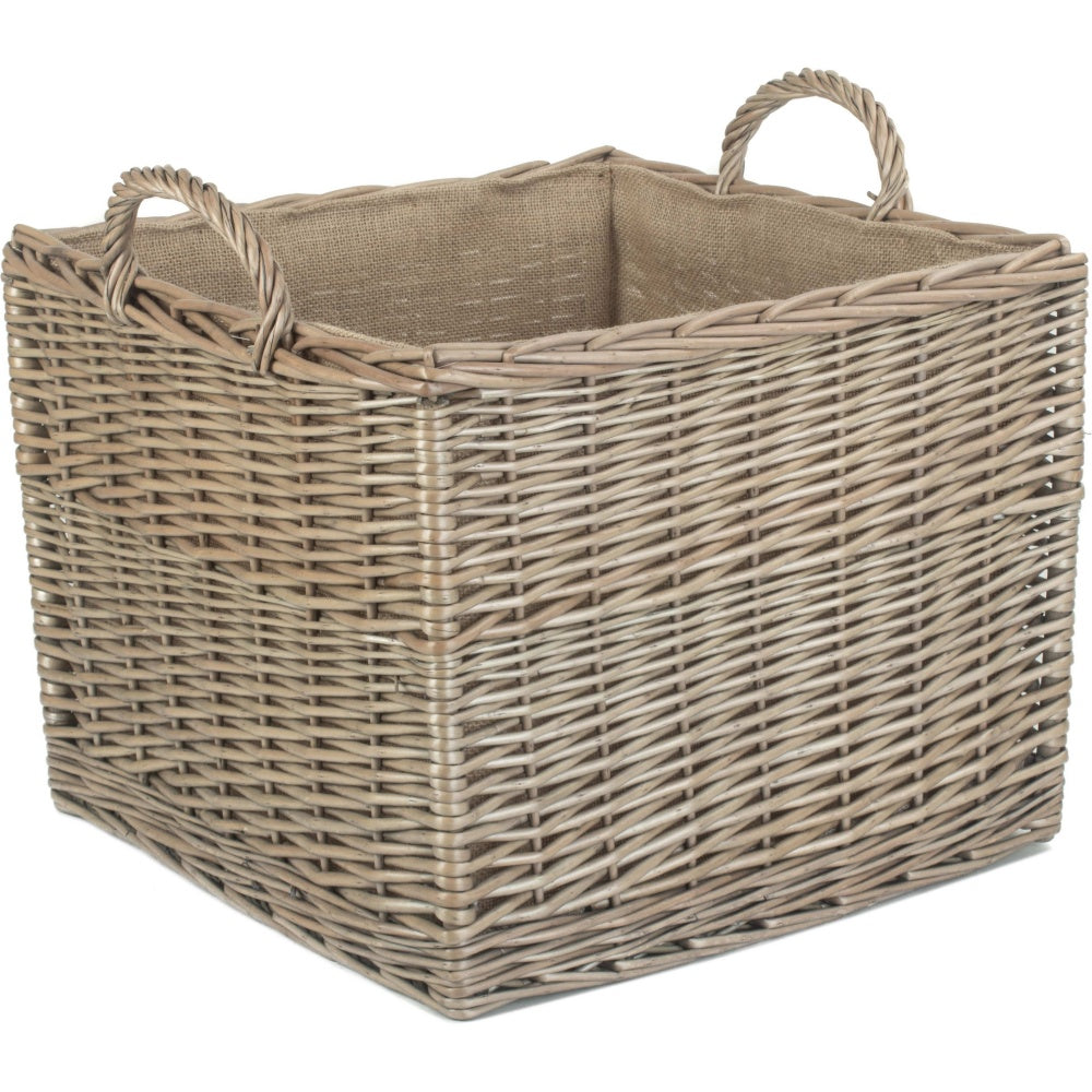 Antique wash square basket Evesham hessian lined log storage UK