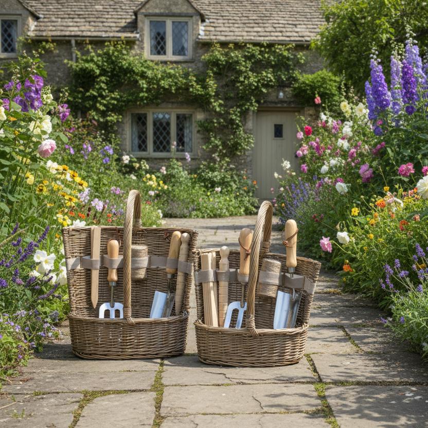 Antique wash willow garden baskets with tools on cottage garden path UK