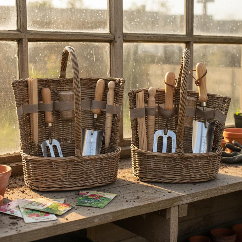 Antique wash willow garden baskets with tools on greenhouse shelf UK
