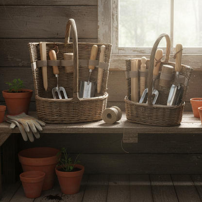 Antique wash willow garden baskets with tools on potting shed bench UK