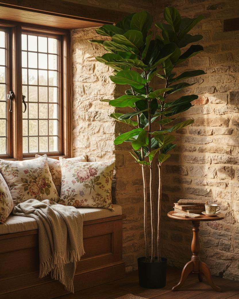 Artificial fiddle leaf fig tree cottage window seat UK lifestyle styling