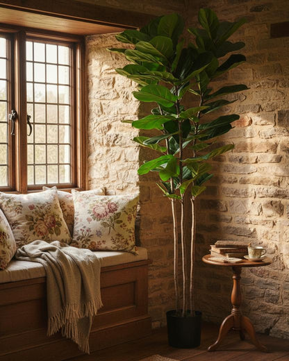 Artificial fiddle leaf fig tree cottage window seat UK lifestyle styling