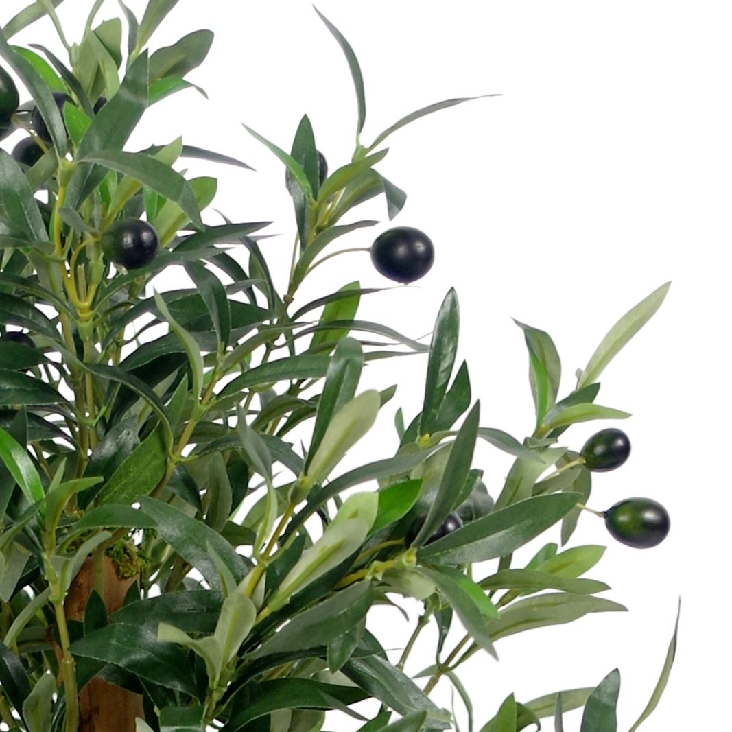 Close-up of realistic artificial olive tree foliage showing natural colour variation and silk leaves