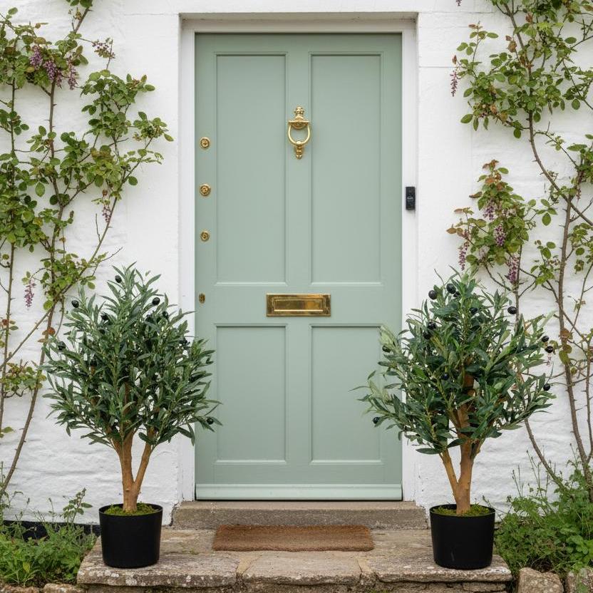 Two 65cm artificial olive trees flanking heritage cottage door entrance for symmetrical styling