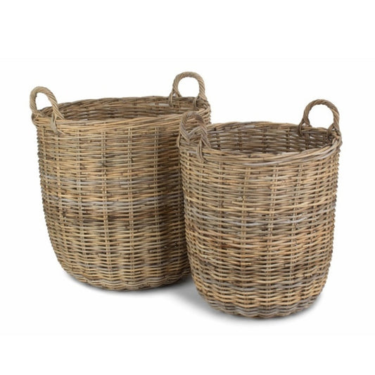 Two Ashford grey rattan log baskets side by side, round fireside design, woven willow style