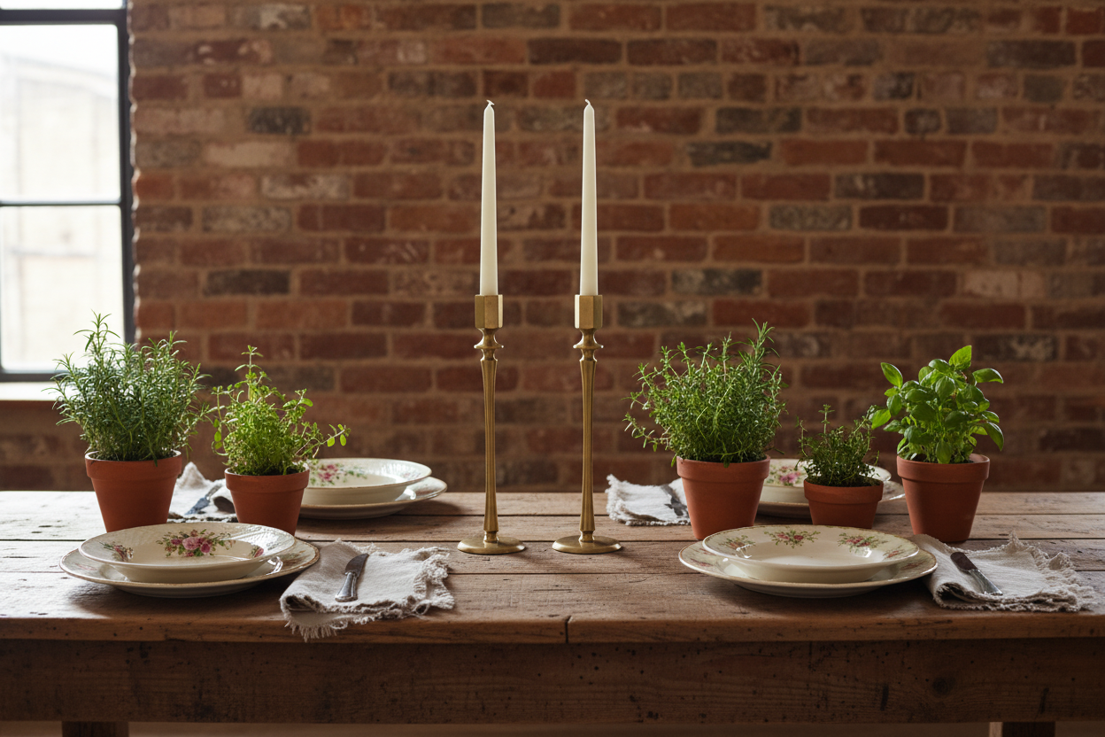 Brass candlesticks farmhouse dining table herbs china plates UK