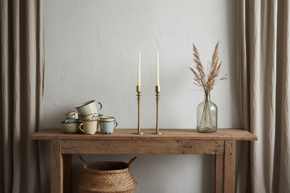 Gold brass candle holders console table enamel mugs cottage entrance UK