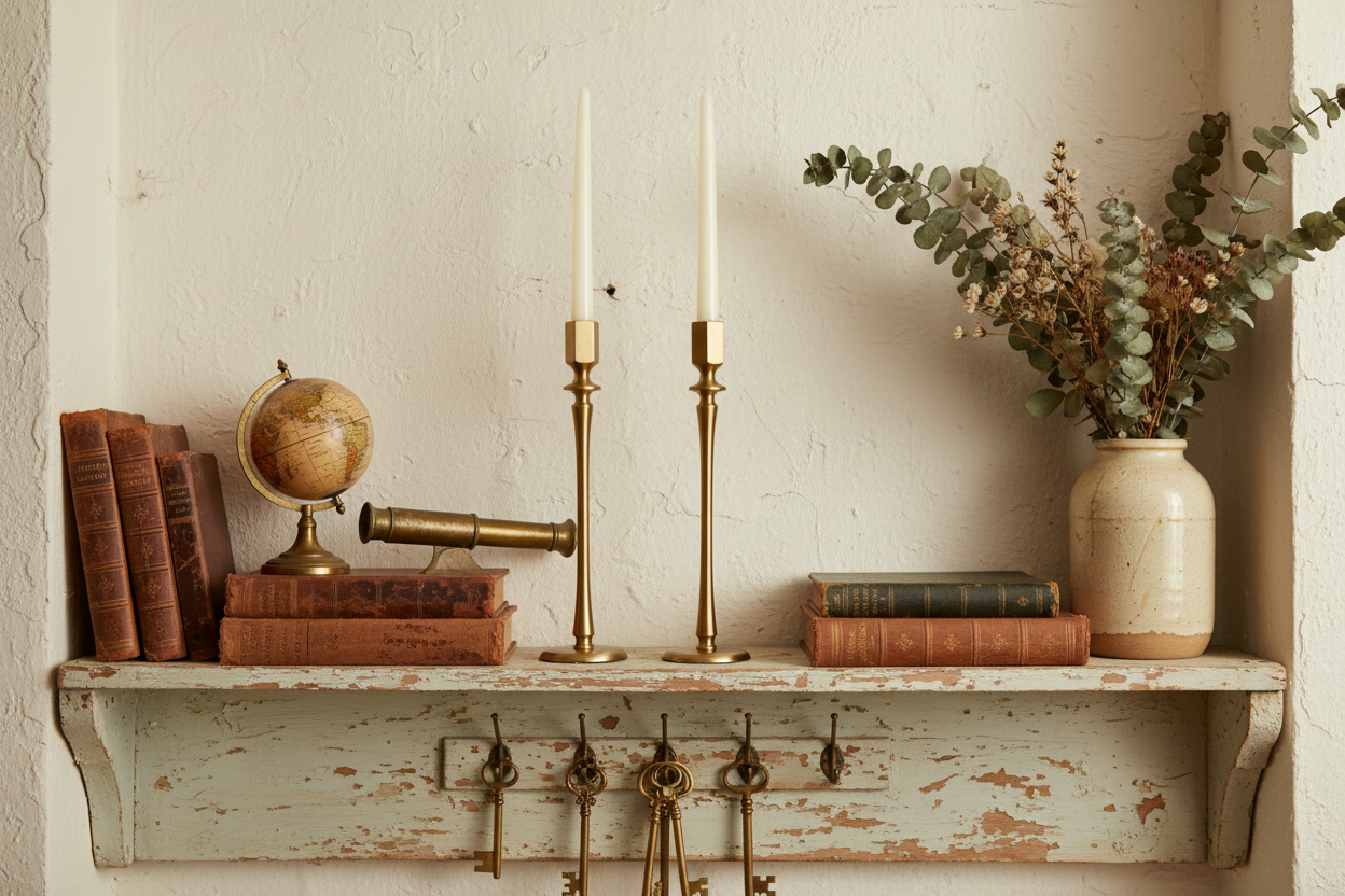 Tall brass candlesticks rustic shelf farmhouse kitchen ornaments UK