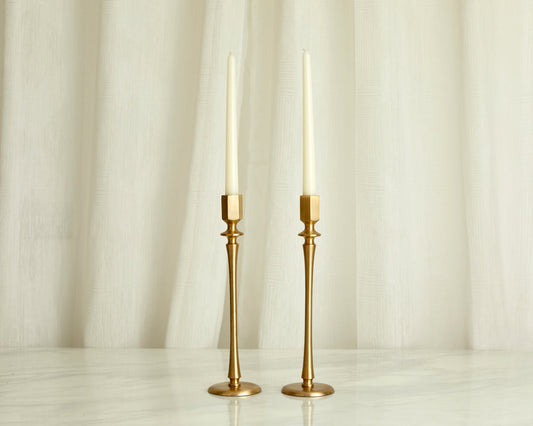 Brass candle holders set of 2 matte gold 30cm tall cottage dining table UK