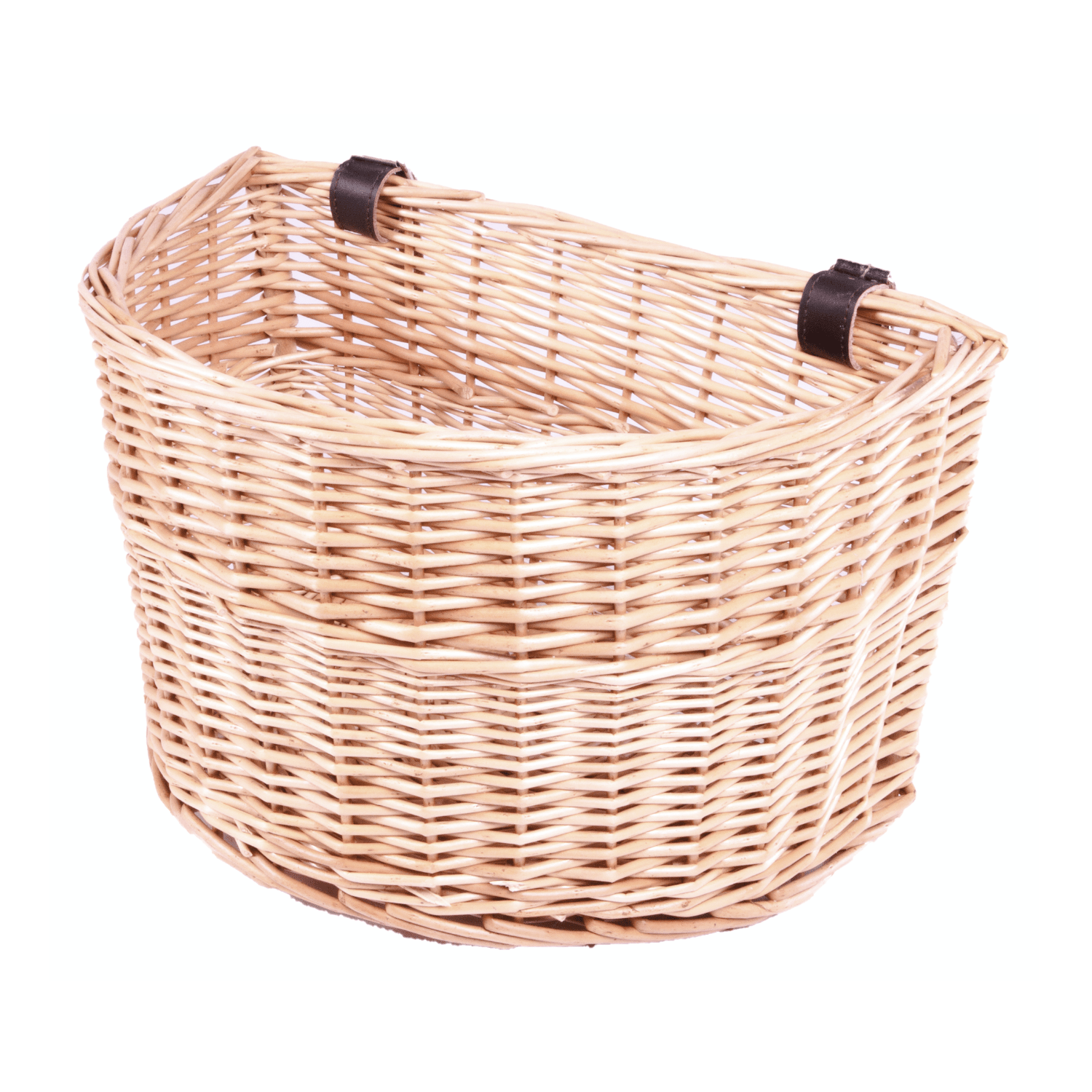 Handwoven rattan wicker bicycle front carrier basket with leather straps on white background