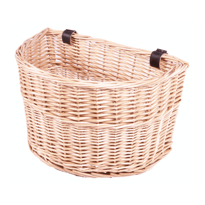 Handwoven rattan wicker bicycle front carrier basket with leather straps on white background