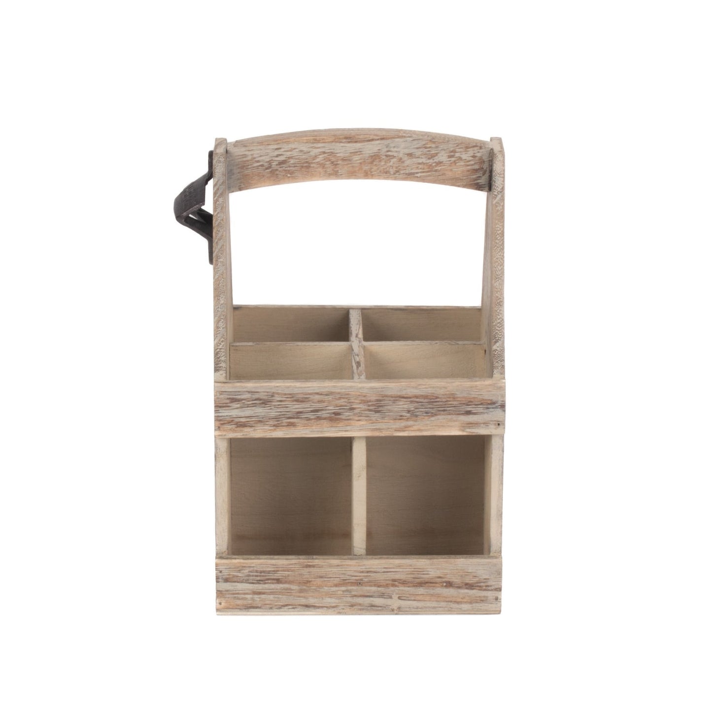 Side view of rustic beer caddy with opener, wood-effect finish, shown empty for detail.