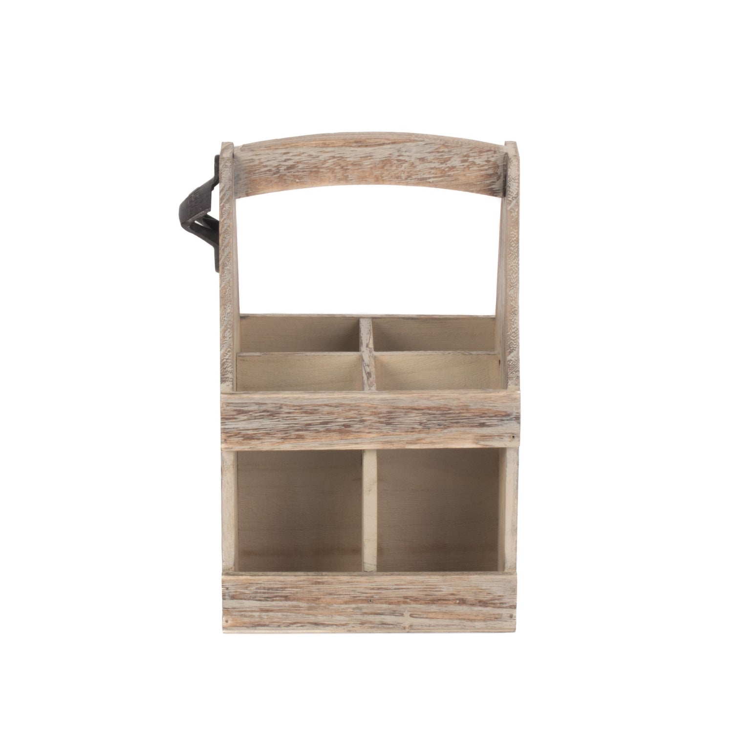 Side view of rustic beer caddy with opener, wood-effect finish, shown empty for detail.