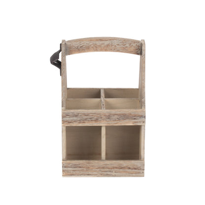 Side view of rustic beer caddy with opener, wood-effect finish, shown empty for detail.