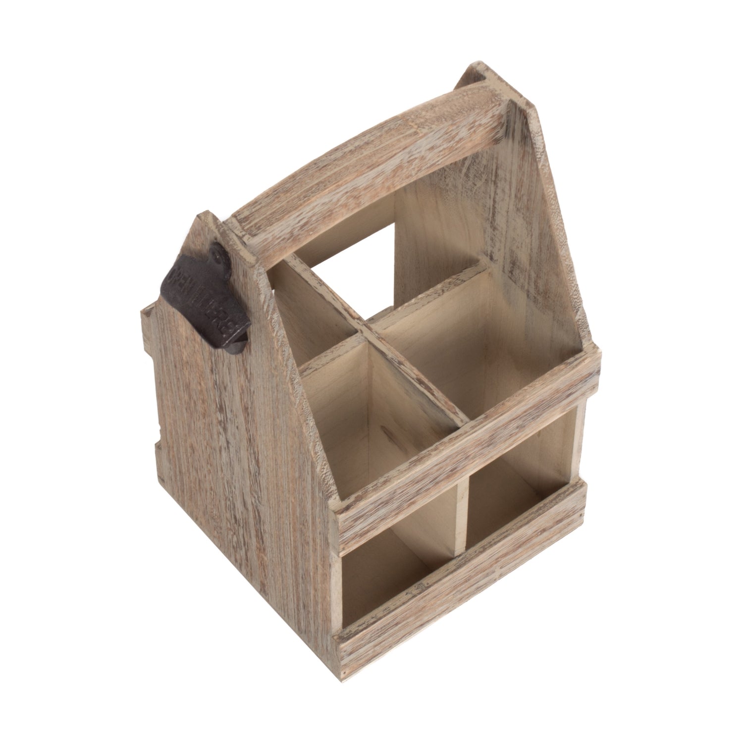 Top-down view of rustic beer caddy with opener, shown empty to highlight 4-bottle compartments.