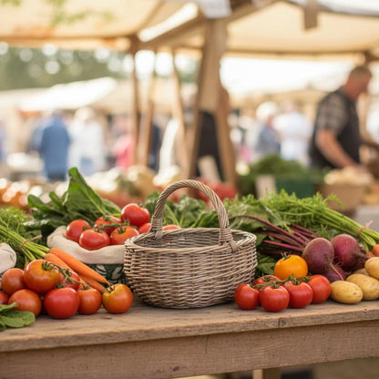 Bewdley antique wash wicker market basket farmers market vegetables UK

