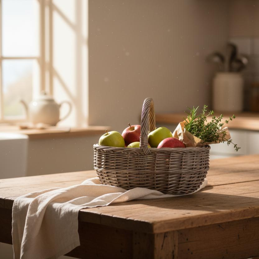 Bewdley antique wash wicker basket farmhouse kitchen table fresh apples UK
