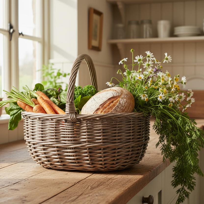 Bewdley antique wash wicker basket filled farmers market produce kitchen UK

