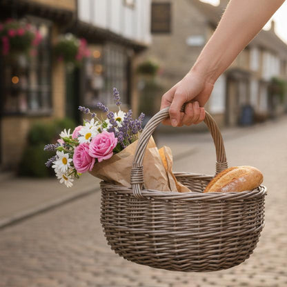 Bewdley antique wash wicker shopping basket village high street market UK

