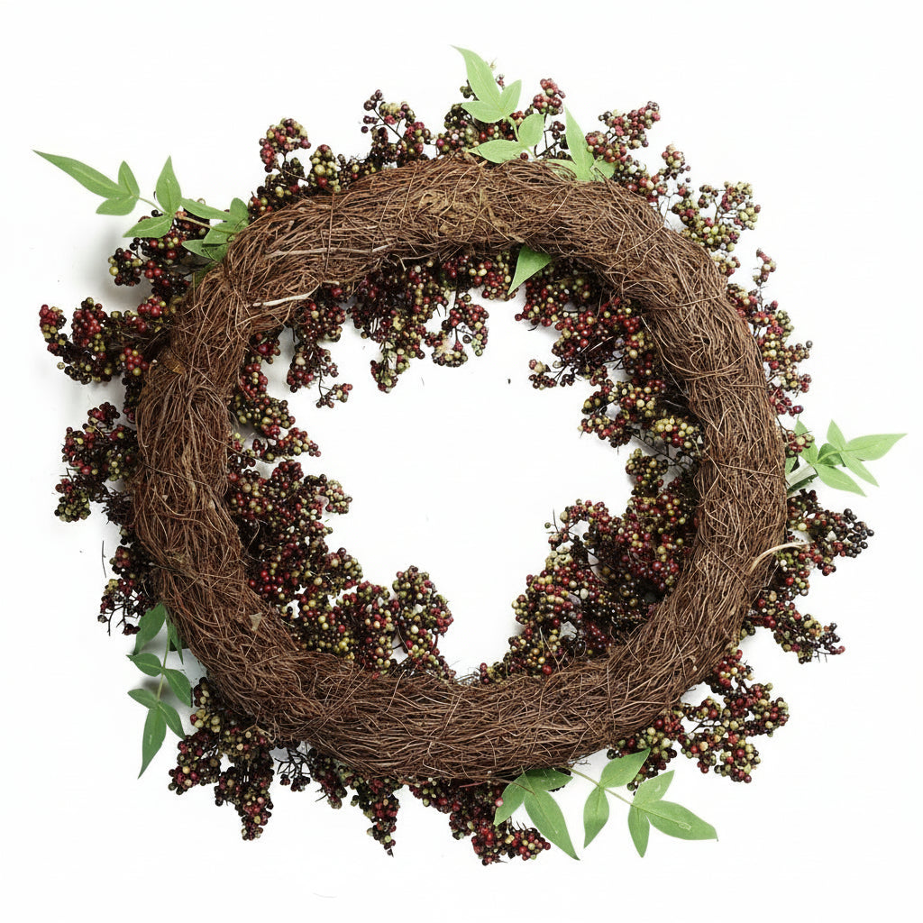 Black berry wreath 55cm back view woven wicker base hanging detail door UK
