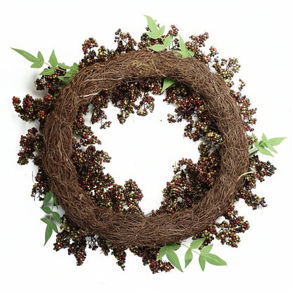 Black berry wreath 55cm back view woven wicker base hanging detail door UK
