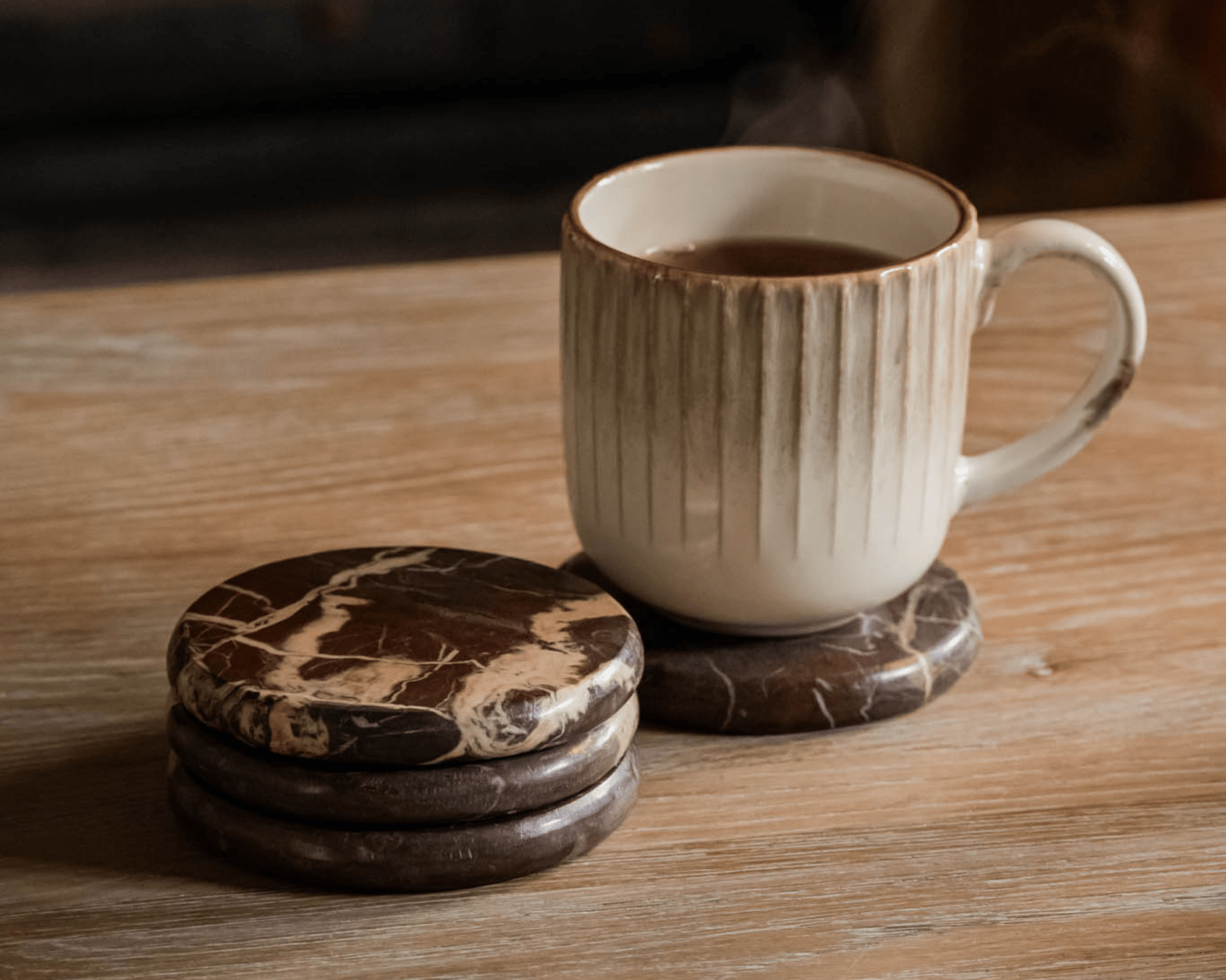 Bramley burgundy marble coasters stacked cottage dining table coffee mug UK


