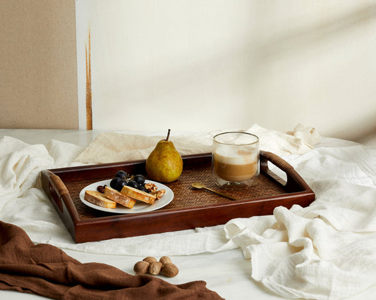 Branscombe rattan tray natural wood serving tray styled with pear coffee and light breakfast from another angle
