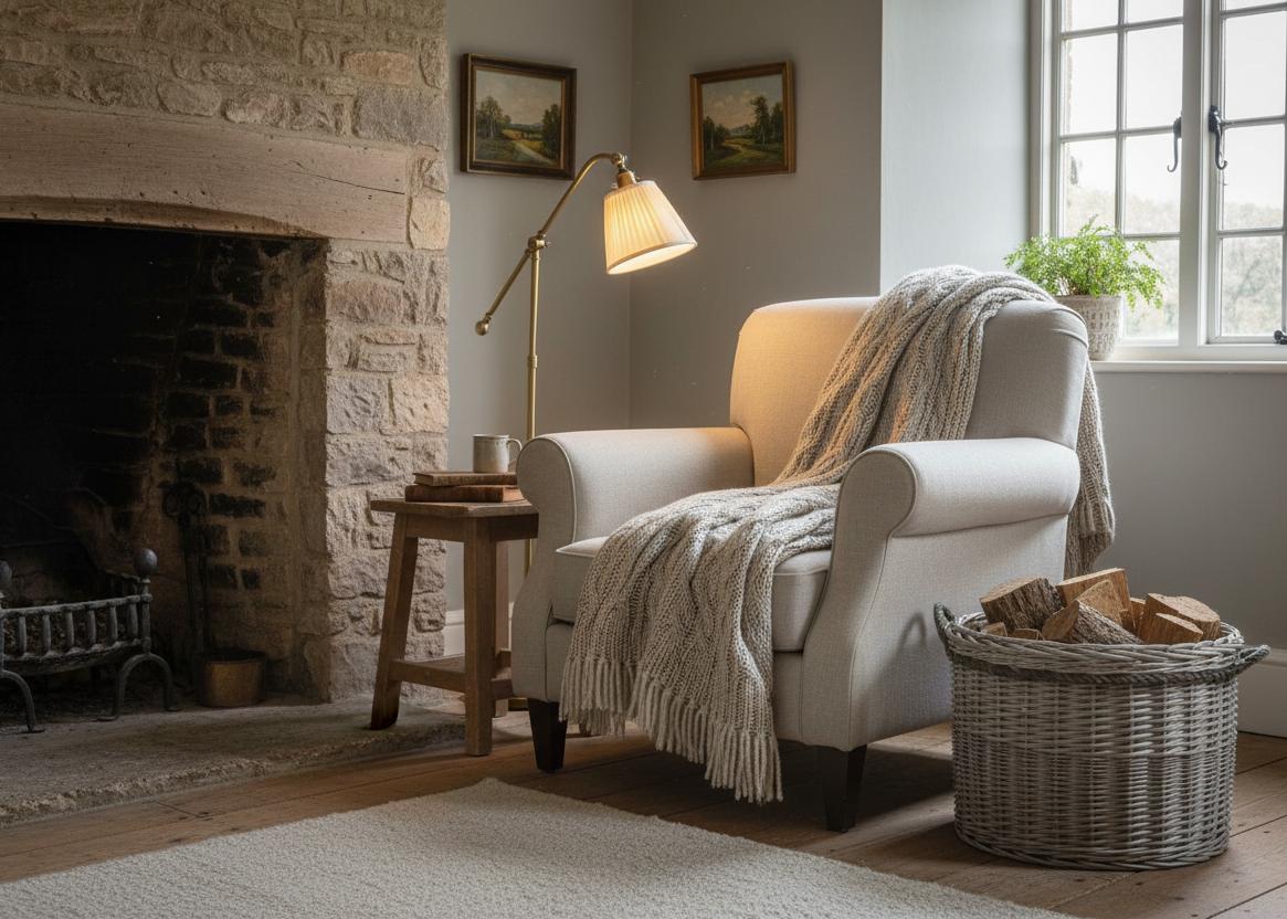 Bretforton grey wash basket cosy reading nook cottage fireside UK
