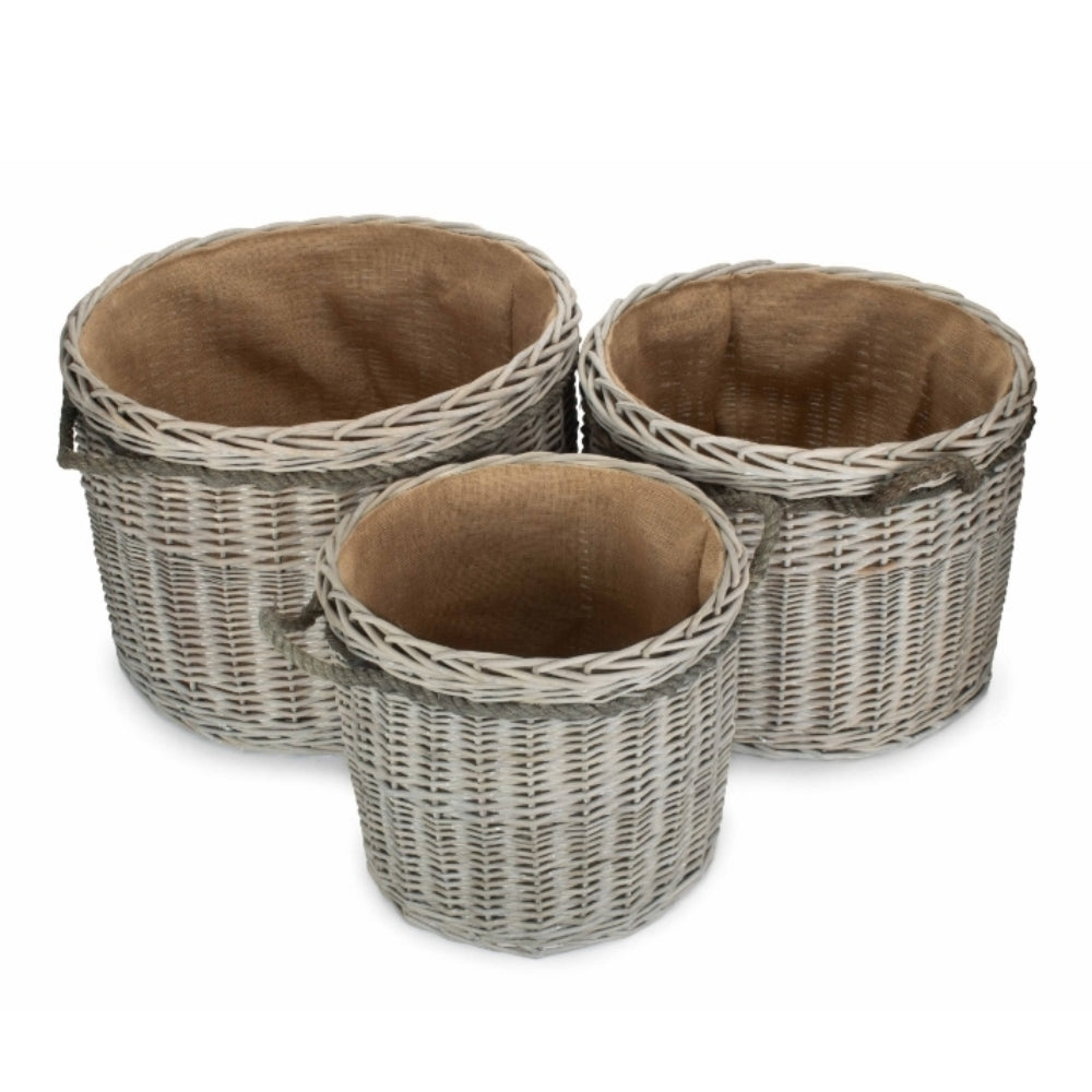Bretforton grey wash wicker basket round log holder lined hessian UK