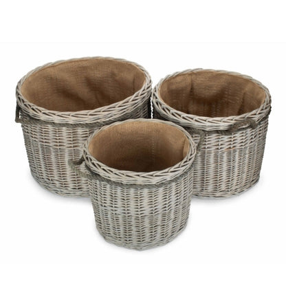 Bretforton grey wash wicker basket round log holder lined hessian UK
