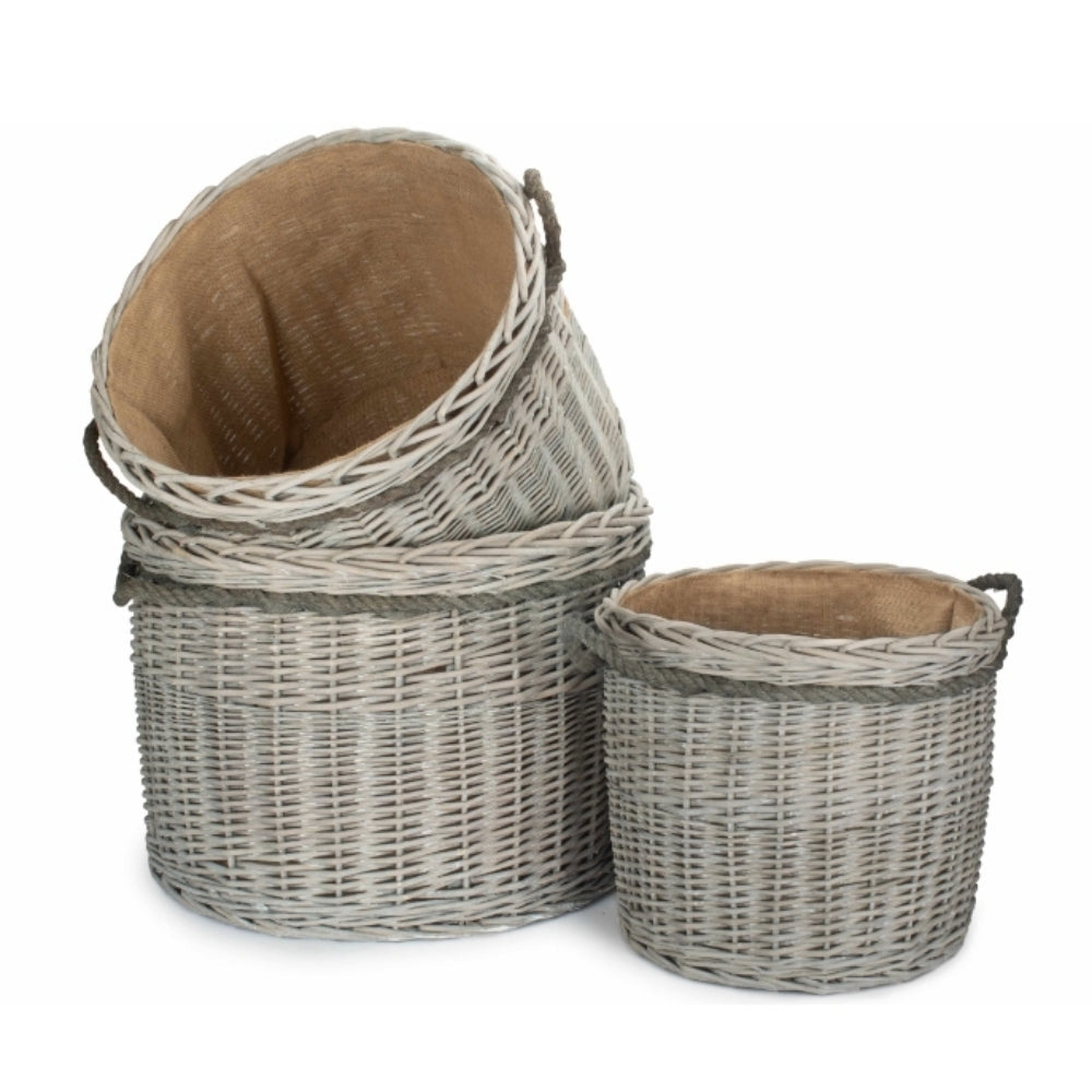 Bretforton round grey wash wicker log basket set fireside storage UK