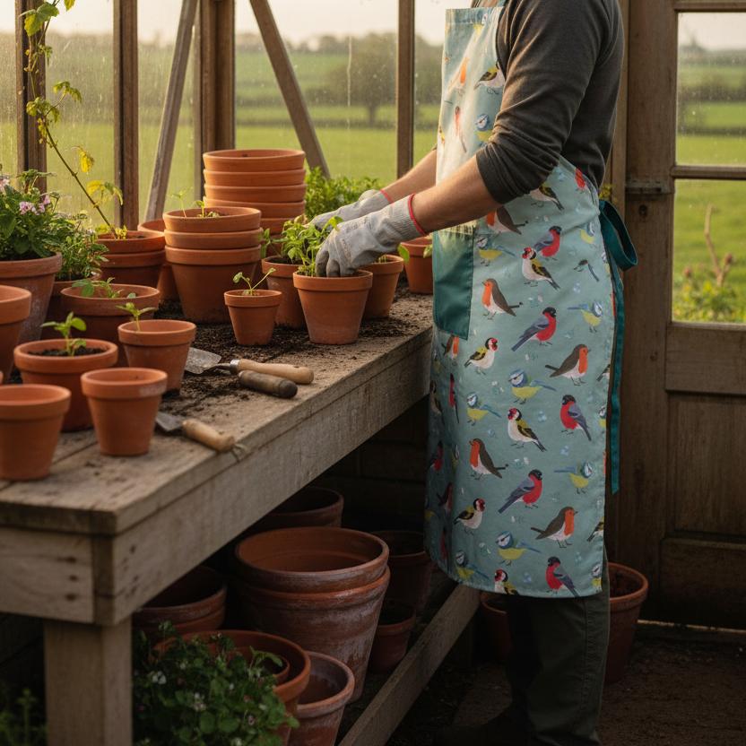 British garden birds apron worn while pottering in greenhouse UK