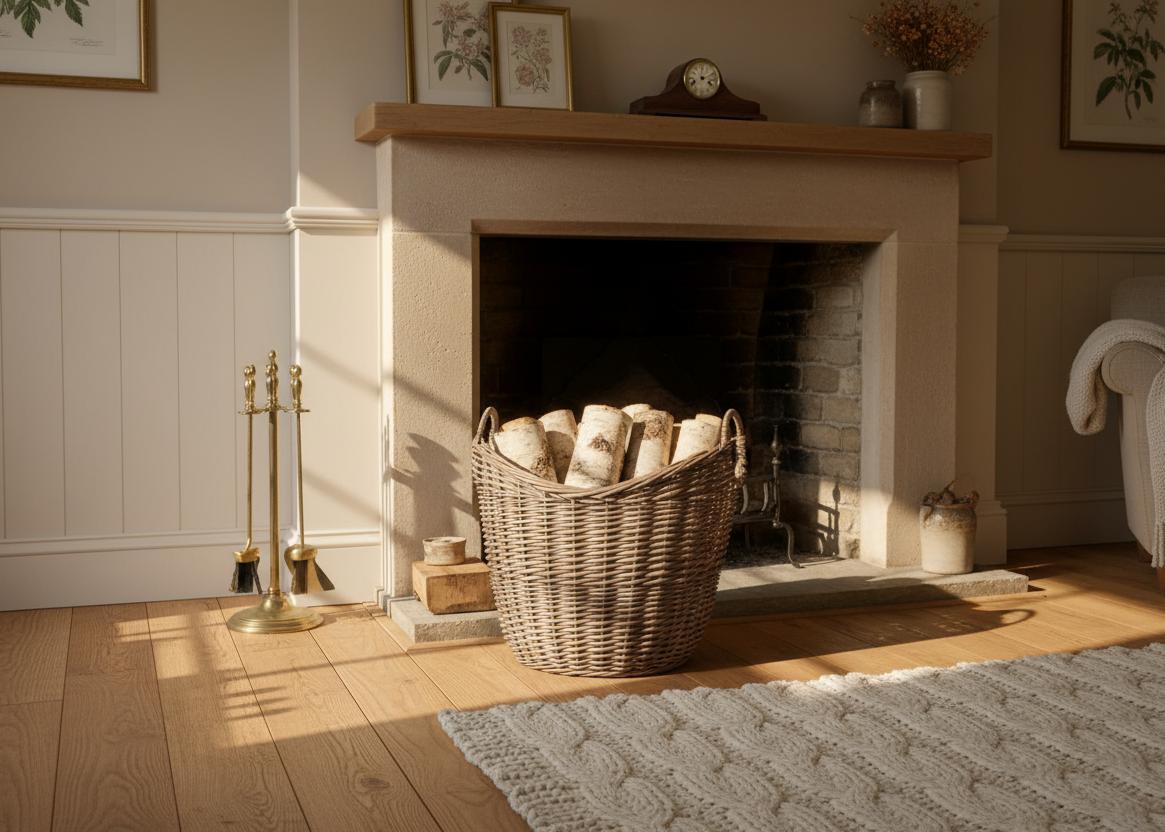 Curved opening log basket rustic country living room fireside UK