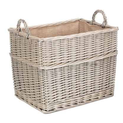 Hessian lined log basket three sizes handcrafted wicker UK heritage home
