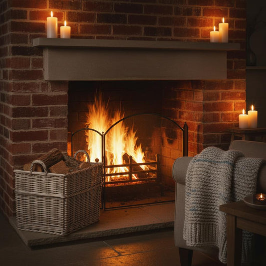 Grey wash wicker log basket evening fireplace country cottage UK
