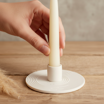 Hand placing cream taper candle into white ceramic candle holder showing secure 2.2cm diameter fit