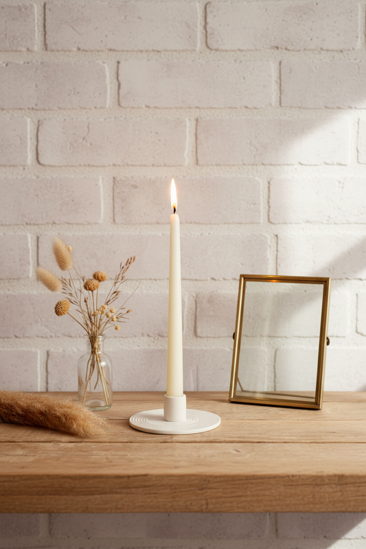 White ceramic candle holder with lit taper candle on period property stone mantelpiece in cottage sitting room