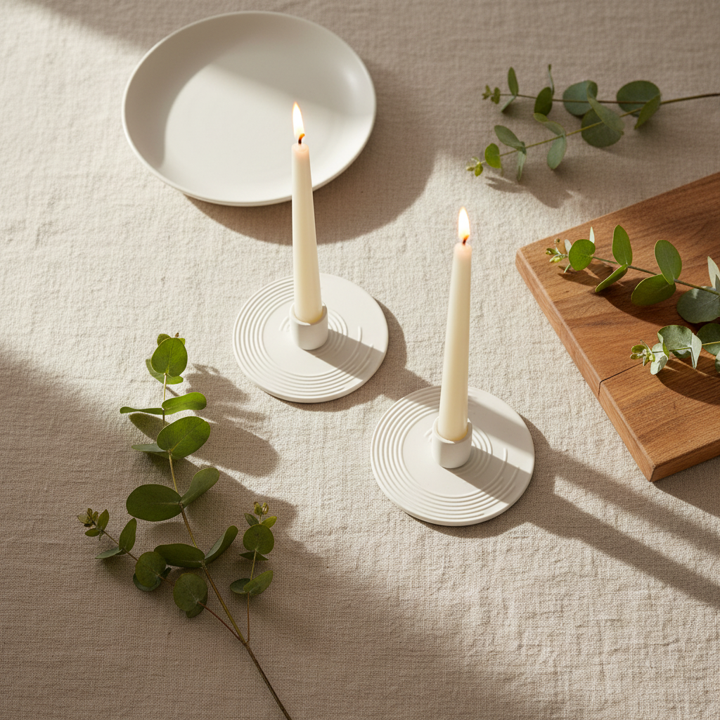 Overhead flat lay of white ceramic candle holders on linen tablecloth with eucalyptus and natural table styling