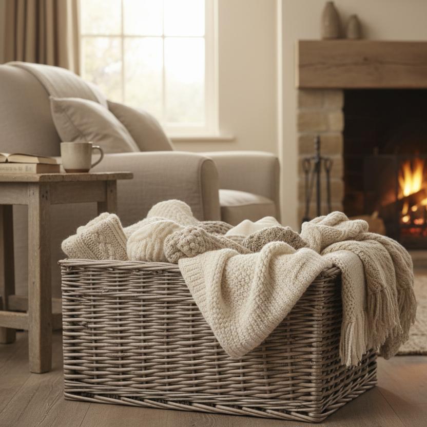 Antique wash wicker basket living room throws rustic countryside UK