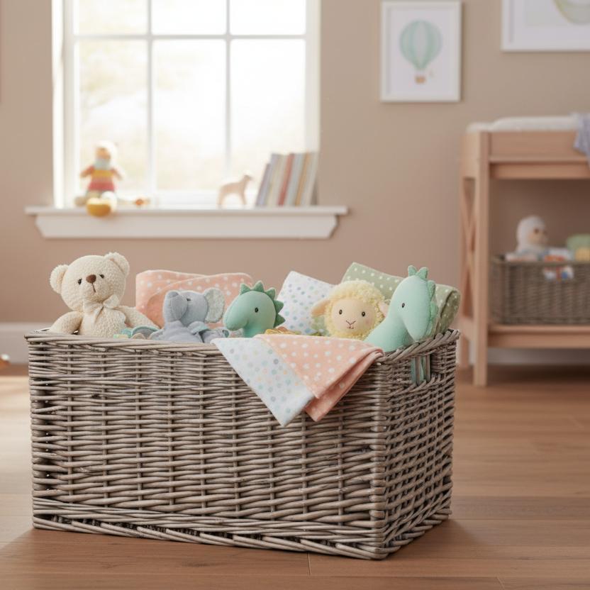 Wicker storage basket nursery toys antique wash rustic styling UK