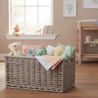 Wicker storage basket nursery toys antique wash rustic styling UK