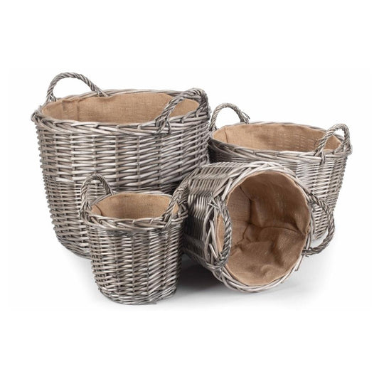 Round wicker log basket antique wash finish hessian lined UK fireside storage