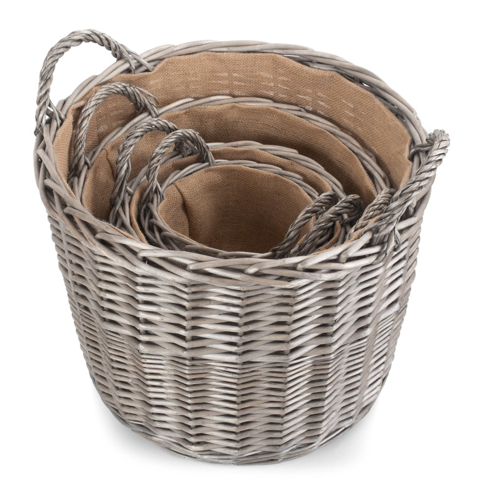 Round wicker log basket set hessian lined UK handcrafted fireside baskets