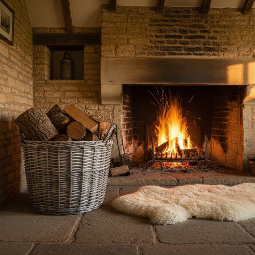Handcrafted wicker log basket Cotswold cottage fireplace UK country home