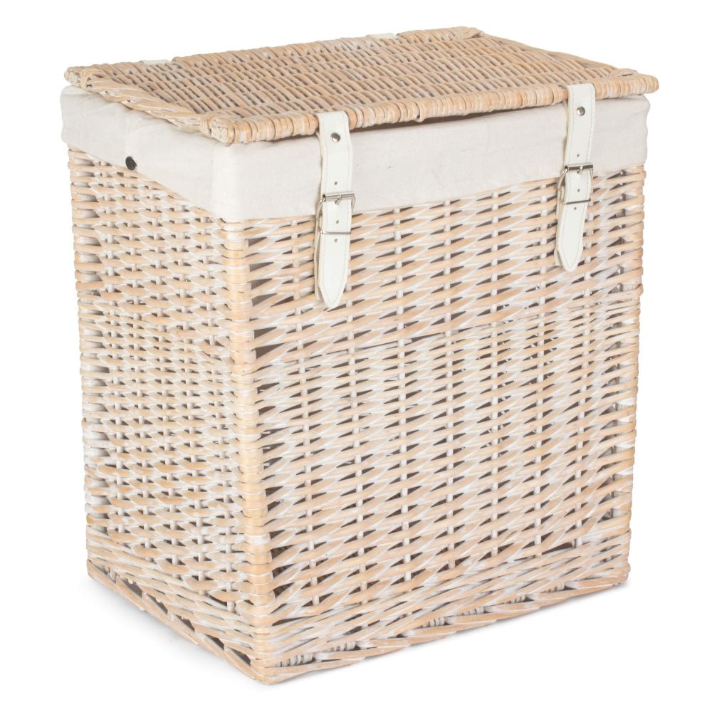Closed Edith’s Washday Basket – white-washed wicker laundry hamper with hinged lid and faux leather straps, styled for timeless home organisation and vintage washday charm.