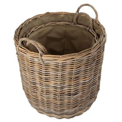 Cordura lined wicker log basket tall round firewood holder UK
